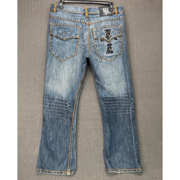 Royal Army Mens Size 38/34 Blue Distressed Jeans Embroidered Back Pockets - Picture 2 of 9